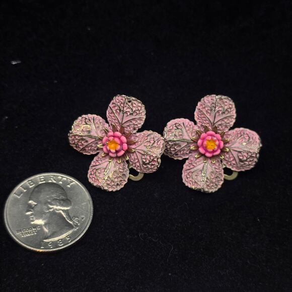 Arthur Pepper Pink Enamel Flower Earrings Clip On Vintage Floral - Picture 3 of 8